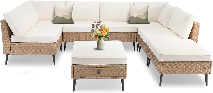 LVUYOYO 8 Pieces Outdoor Patio Furniture Set, Wicker Sectional Sofa Set for All-Weather, Rattan Conversation Sets with Cushions and Storage for Deck, Backyard, Porch (Khaki)
