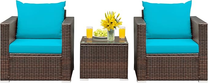 HAPPYGRILL 3 Pieces Patio Furniture Set PE Rattan Wicker Sofa Set with Cushions and Coffee Table Outdoor Patio Conversation Set for Garden Poolside Balcony