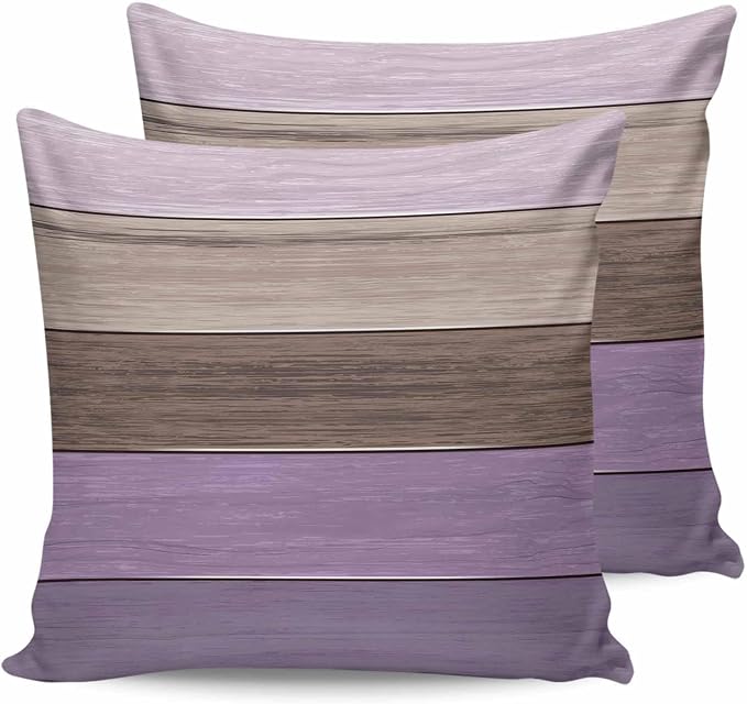 Outdoor Throw Pillow Covers 16X16 Set of 2 Waterproof Ombre Lavender Purple Brown Decorative Zippered Cushion Covers for Patio Furniture, Farmhouse Retro Rustic Barn Wood Texture Lumbar Pillowcases