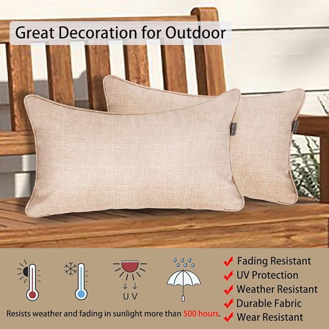 Magpie Fabrics Pack of 2 Outdoor Waterproof Lumbar Rectangular Throw Pillow with Insert 12x20 Inch, Home Decorative Toss Cushion for Patio Garden Car Office (Light Brown Textured)