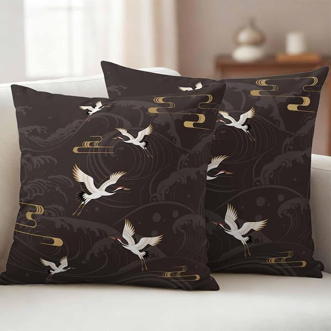 Japanese Style Outdoor Pillow Covers 16x16 Inch Throw Pillow Covers Set of 2 Waterproof Decorative Pillow Cases Vintage Cranes Ocean Wave Black Grey Cushion Covers for Patio Furniture Garden Couch