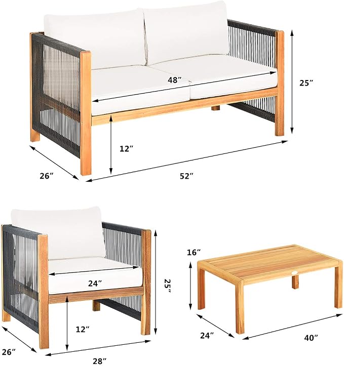Tangkula Outdoor Wood Furniture Set with 2 Set Cushion Covers, 4 Pieces Cushioned Patio Conversation Set, for Garden Balcony Poolside Outdoor Living (1, WH-RE)