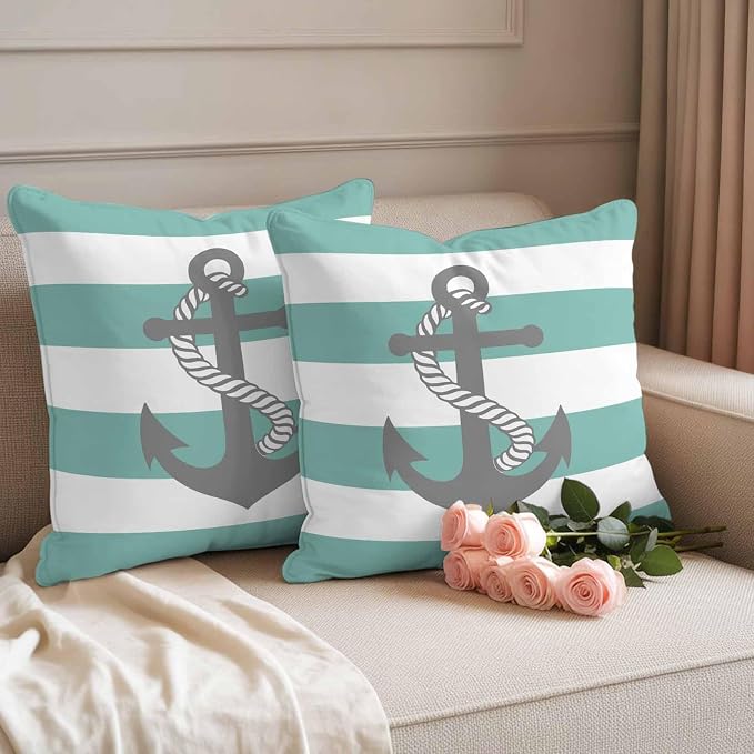 Turquoise Stripe Nautical Waterproof Outdoor Pillow Covers Set of 2 Home Decor, Grey Anchor Summer Coastal Pillowcase Patio Pillow Covers for Couch Bench Furniture Garden 16x16in
