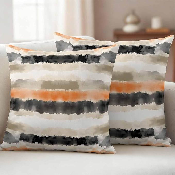 Black Gray Orange Stripes Outdoor Waterproof Throw Pillow Covers Set of 2, 20"x20", Modern Art Decorative Pillow Covers Outside Cushion Case for Patio Porch Garden