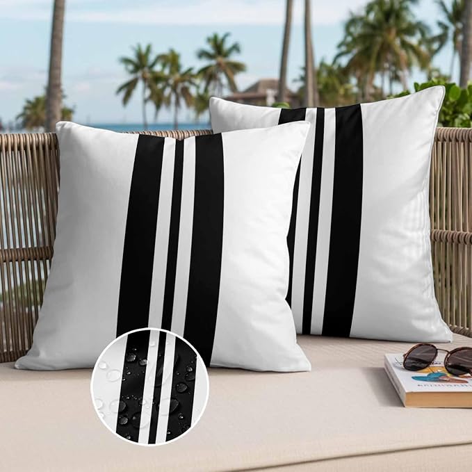 Black Stripes Outdoor Waterproof Throw Pillow Covers Set of 2, 16"x16", Festival Decorative Pillow Covers Outside Cushion Case for Patio Porch Garden