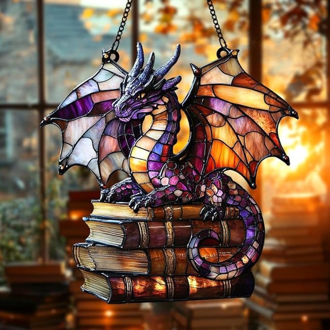 Book Dragon Bookish Acrylic Suncatcher, Boho Suncatchers for Window Hanging Ornament, Art Garden Decor for Book Lover Reader Bookworm, Gifts for Mother's Day, Mom, Grandma, Wife, Women, Nana