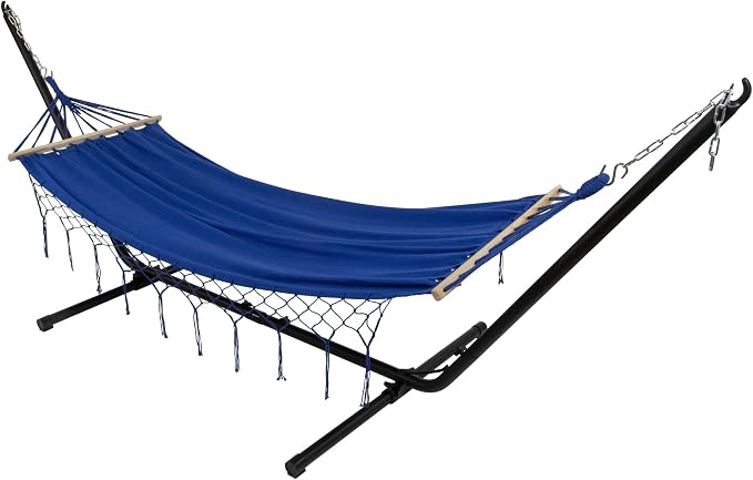 Hammock with Netted Fringe and Wooden Bars - 100" x 41" - Blue