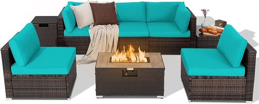Tangkula 8 Piece Outdoor Wicker Sofa Set, Patio Rattan Conversation Set w/32” Propane Fire Pit Table & Tank Holder, 40,000 BTU Heat Output, Cozy Seat & Back Cushions, Fire Pit PVC Cover (Turquoise)