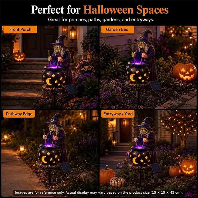 Solar Witch & Glowing Cauldron Halloween Garden Light ，3pc | Solar-powered Halloween Solar Light with glowing cauldron, automatic dusk lighting for garden, porch and pathway décor.