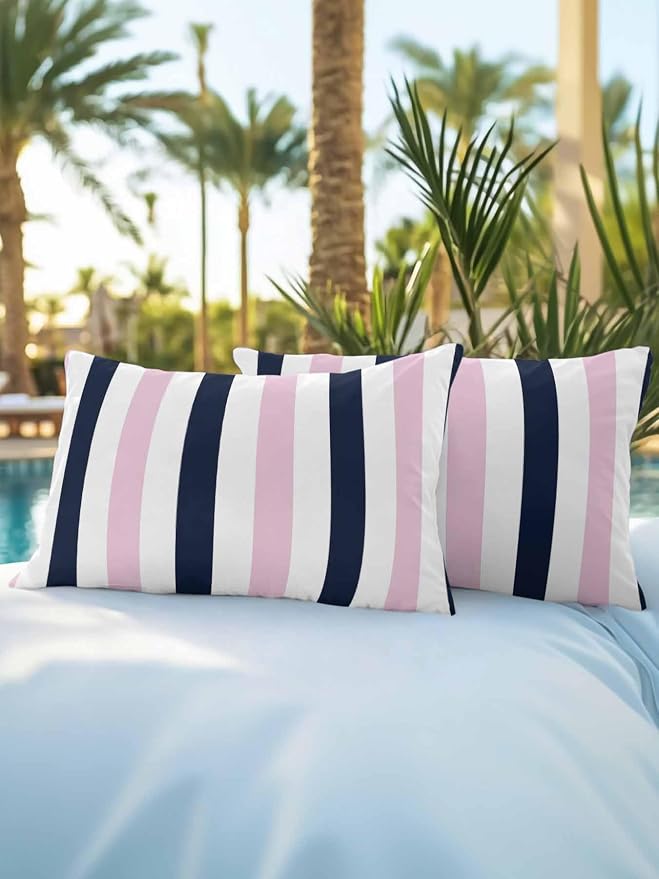 Outdoor Pillows Waterproof, Pink Navy Blue Striped Bedding Throw Pillows with Insert for Couch Sofa Bed, Farmhouse Stripe Art 12x20 Inch Pillowcases Decorative Camping Patio Pillow Set of 2
