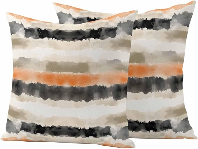Black Gray Orange Stripes Outdoor Waterproof Throw Pillow Covers Set of 2, 20"x20", Modern Art Decorative Pillow Covers Outside Cushion Case for Patio Porch Garden
