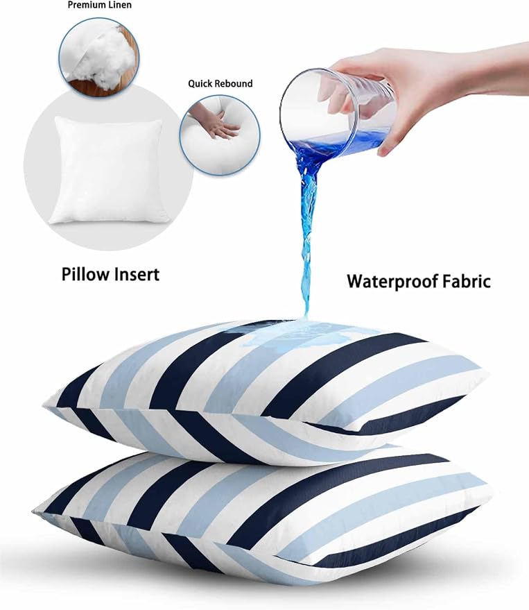 Outdoor Pillows Waterproof, Navy Blue Aqua Striped Bedding Throw Pillows with Insert for Couch Sofa Bed, Farmhouse Stripe Art 12x20 Inch Pillowcases Decorative Camping Patio Pillow Set of 2