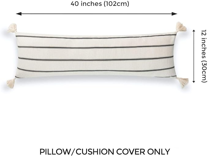 Hofdeco Premium Modern Boho Moroccan Indoor Outdoor Body Lumbar Pillow Cover ONLY for Bed, Backyard, Couch, Sofa, Black White Stripe Tassels, 12"x40"