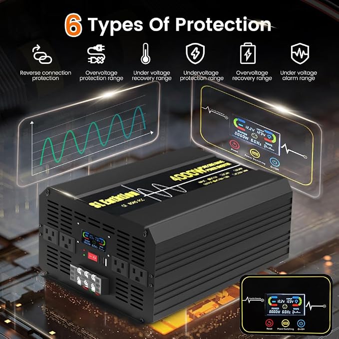 4000W Pure Sine Wave Power Inverter 12V DC to 120V AC 60HZ with LCD Display, USB Port, Wireless Remote Control（10M）, Solar, Outdoor