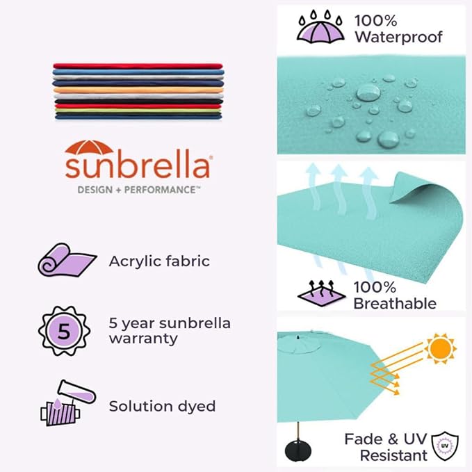 Midtown Umbrellas The Wooden 10 Feet Patio Umbrella With Sunbrella Aruba Acrylic Fabric - Aluminum Frame Market Umbrella For Backyard, Deck, Garden, Pool - Wooden Pole