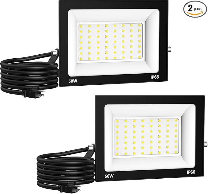 50W Flood Light Outdoor: 2 Pack 5000LM Bright LED Plug-in Flood Light, IP66 Waterproof, 100-265V, 6500K Daylight White, Plug-and-Play, Heat Dissipation, Ideal for Yard, Garage, Stadium