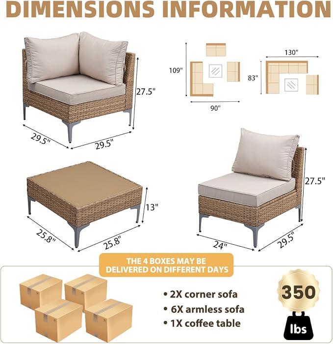 Jing's Villa 9-Piece Outdoor Patio Furniture Set,Rattan Conversation Sectional Sofa w/Coffee Table, All-Weather Patio Conversation Set with Thick and Anti-Slip Cushions for Backyard,Deck,Beige