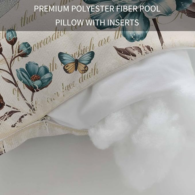 Outdoor Lumbar Pillow Set of 1, Dragonfly Flowers Waterproof Beach Headrest Pillow with Inserts, Vintage Botanical Teal Floral Leaf Beige Recliner Throw Pillows for Patio Furniture, 11 x 16