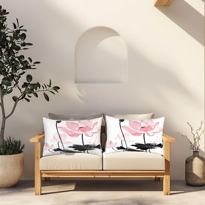 Outdoor Pillows Waterproof Set of 2 Outdoor Pillow Covers 16x24 Inch, China Throw Pillows Lotus Pillow Covers, Summer Garden Decorative Pillows Outdoor Pillows for Patio Furniture Car Home Decor-hs405