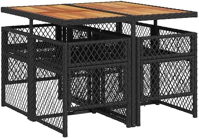 Afuera Living 5 Piece Patio Dining Set, UV-Protected Poly Rattan and Solid Acacia Wood, Black/Cream White, Foldable Chairs with Cushions, Modern Outdoor Furniture for Garden, Terrace, or Patio Use