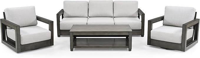 HAPPATIO Oversized Aluminum Patio Furniture Set, Outdoor Conversation Set 4 Pieces with 3-Seat Sofa, 2 Swivel Sofa Chairs, 1 Coffee Table, Extra Large Seat with Thicken Cushion for Deck Poolside,Grey