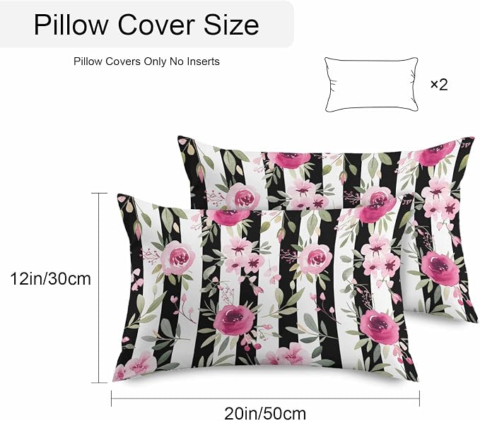Vandarllin Outdoor Throw Pillows Covers 20x12 inch Set of 2 Waterproof Pink Flowers Decorative Zippered Cushion Covers for Patio Furniture, Floral Leaves Black Stripes Lumbar Pillowcases