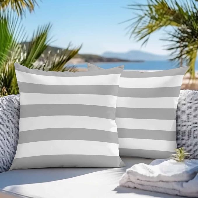 Outdoor Waterproof Pillow Covers Gray and White Striped Decorative Throw Pillow Protectors,Modern Art Stripes Pillowcase Cushion Cases for Patio Sofa Garden Couch,20x20in,Pack of 2