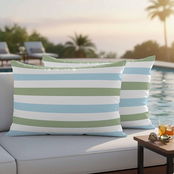 Sage Green Blue Striped Outdoor Pillow Covers 20x12 Inch Lumbar Pillow Covers Set of 2 Waterproof Decorative Throw Pillow Cases Farmhouse Sage Green Stripes Cushion Covers for Patio Furniture Garden