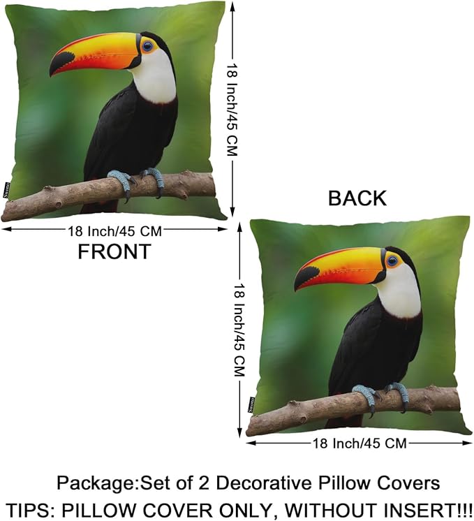Swono Toucan Decorative Throw Pillow Case 18" X 18", Tropical Bird Toucan On Tree Branch Standard Pillow Covers, Set of 2 Throw Pillowcase Cushion Covers for Couch Chair Bedroom Sofa Car Seats