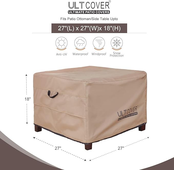 ULTCOVER Waterproof Patio Ottoman Cover Square Outdoor Side Table Furniture Covers Size 27L x 27W x 18H inch