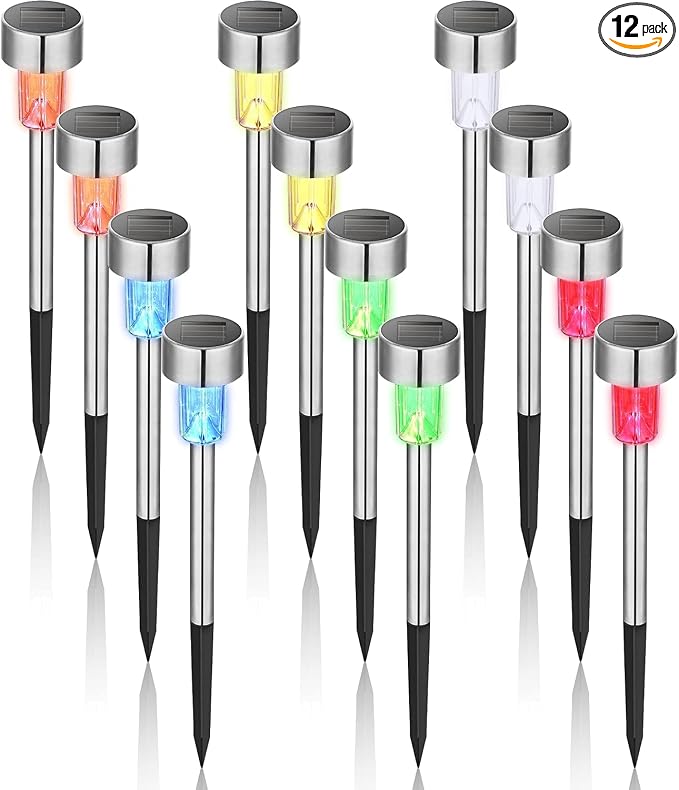 GIGALUMI Solar Garden Lights Outdoor, 12 Pack 6-Color, IP65 Waterproof Decorative Pathway Lights, Stainless Steel LED Landscape Lighting for Yard, Lawn, Walkway