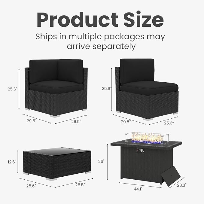 6 Pieces Patio Furniture Set with 44" Propane Gas Fire Pit Table, Outdoor Sectional Wicker Conversation Sofa Sets with Coffee Table
