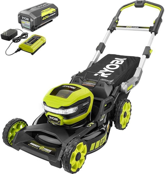 RYOBI RY40LM10-Y 21 in. 40-Volt Brushless Lithium-Ion Cordless Smart Trek Self-Propelled Walk Behind Mower with 6.0Ah Battery and Charger