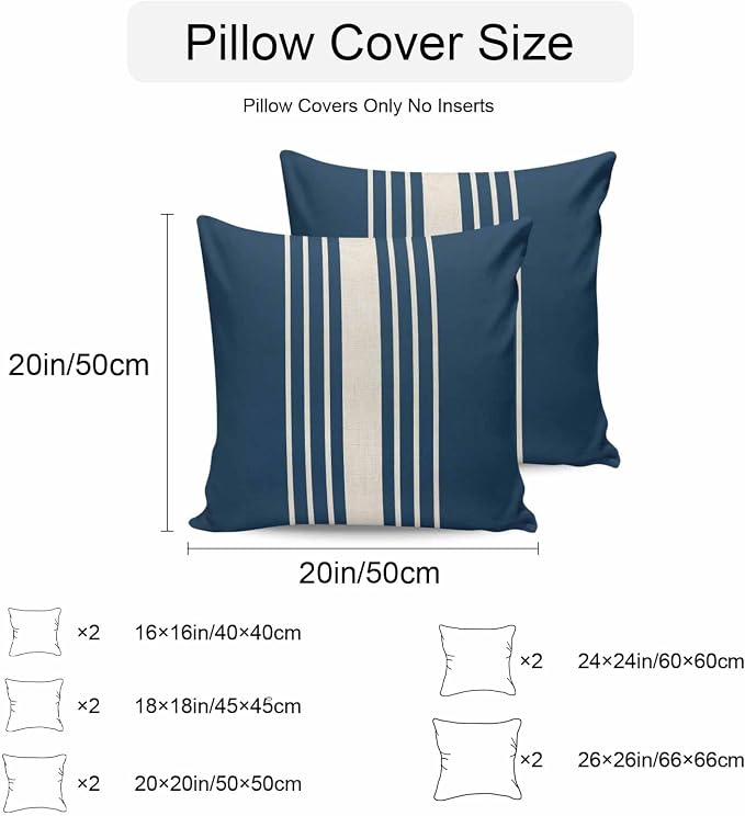Navy Blue Beige Striped Outdoor Pillow Covers 18x18 Inch Throw Pillow Covers Set of 2 Waterproof Decorative Pillow Cases Modern Farmhouse Retro Lines Cushion Covers for Patio Furniture Garden Couch