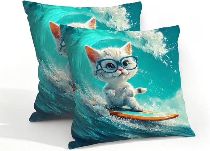 18x18 Inch Outdoor Pillow Covers Set of 2 Waterproof Throw Pillow Covers Decorative Couch Cushion Covers White Cat_ Surfing Square Pillowcases Protectors for Patio Garden Sofa