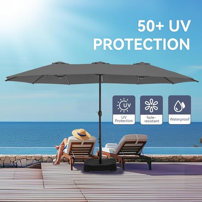 GREEN PARTY 15 ft Rectangular Patio Umbrella with Base Included, Large Double-Sided Outdoor Table Umbrella with Crank, 1.9" Pole UPF 50+ UV Resistant for Pool Deck Backyard Garden, Smoky Gray