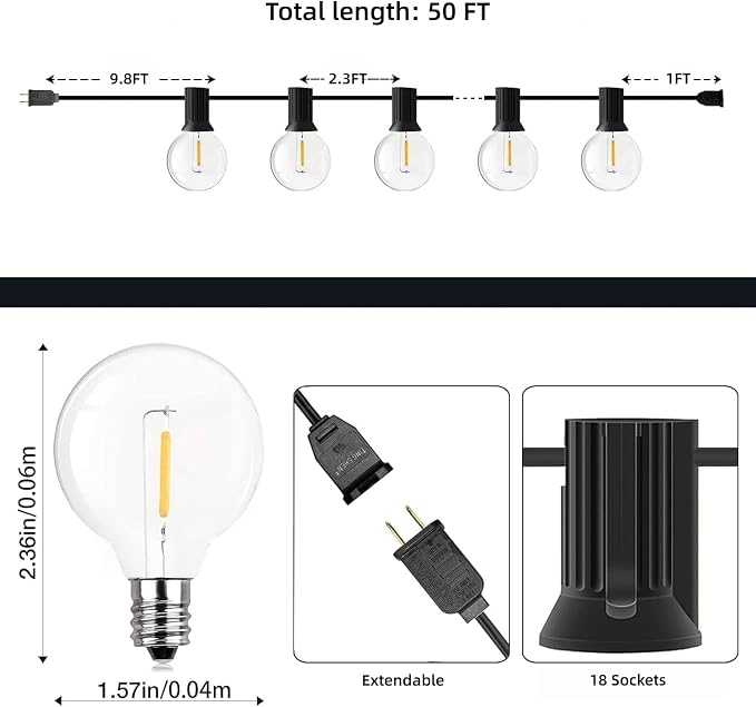 GPATIO Outdoor String Lights, 50FT G40 Bulbs Shatterproof Patio Lights, Waterproof Dimmable Hanging Outdoor Lights, Connectable LED Outside Lights for Backyard Yard Gazebo Porch Party