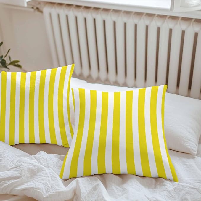 Yellow Striped Outdoor Waterproof Throw Pillow Covers 20x20 Set of 2, Modern Farmhouse Yellow White Stripes Decorative Pillowcases Cushion Pillowcase for Couch Sofa Patio Outside Pillow Protector
