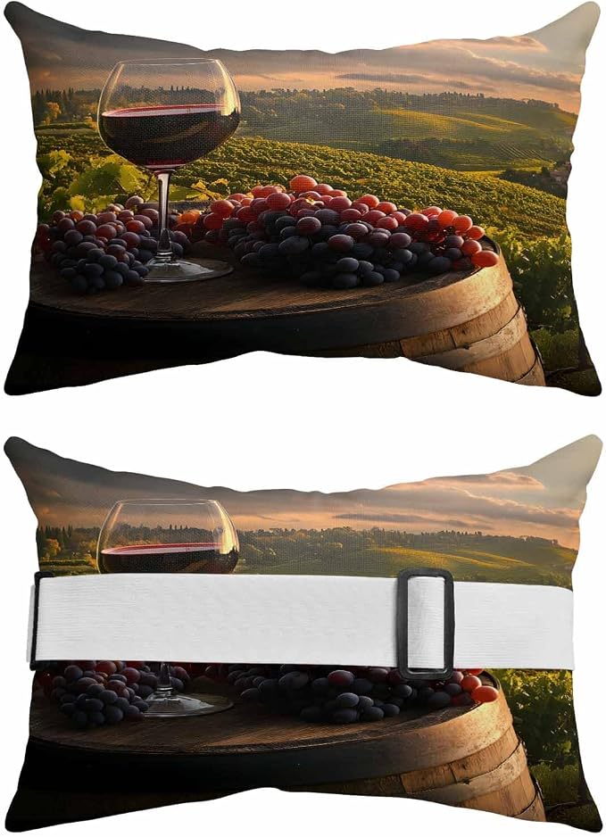 Outdoor Chair Pillow Headrest for Patio Pool Chaise Lounge, Country Recliner Head Pillow, Grapes Casks Wine Farmhouse Waterproof Pillowcases Adjustable Neck Lumbar Pillows & Insert 12x20x2pcs