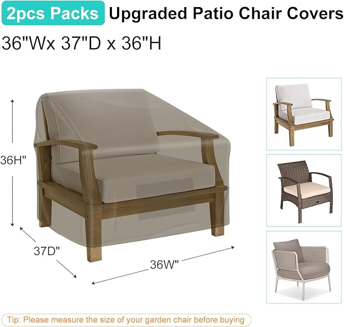 Patio Chair Covers for Outdoor Furniture Waterproof 2 Pack, Lawn Chair Covers 600D Heavy Duty Oxford Cloth, Large Covers for Lounge Lawn Deep Seat 36" W x 37" D x 36" H-Brown