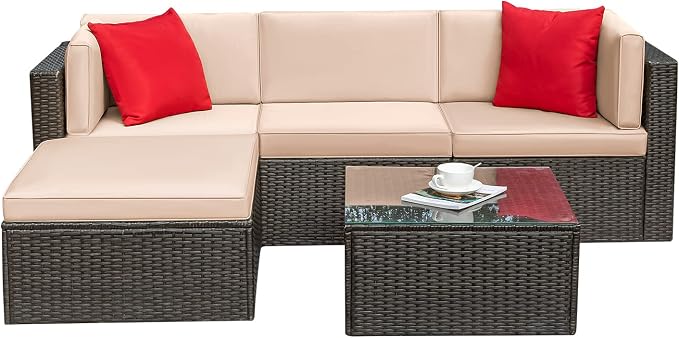 Greesum 5 Piece Patio Conversation Set Wicker Rattan Furniture Outdoor Sofa with Cushions,Pillows & Glass Table for Porch,Lawn and Yard,Beige