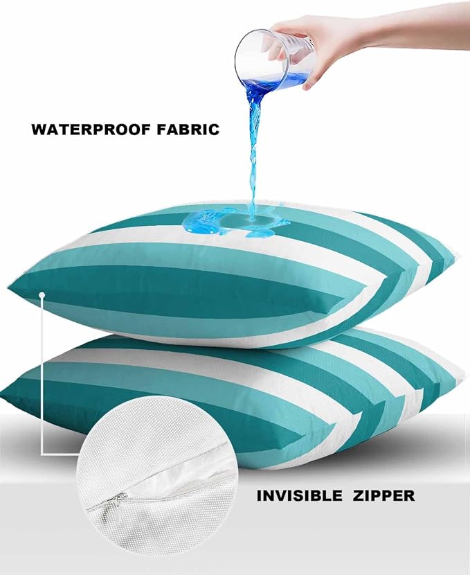 Pack of 2 Turquoise Green Stripe Outdoor Pillow Waterproof Covers 24x24 inch, Modern Art Polyester Throw Pillow Covers Garden Cushion Decorative Case for Patio Couch Decoration