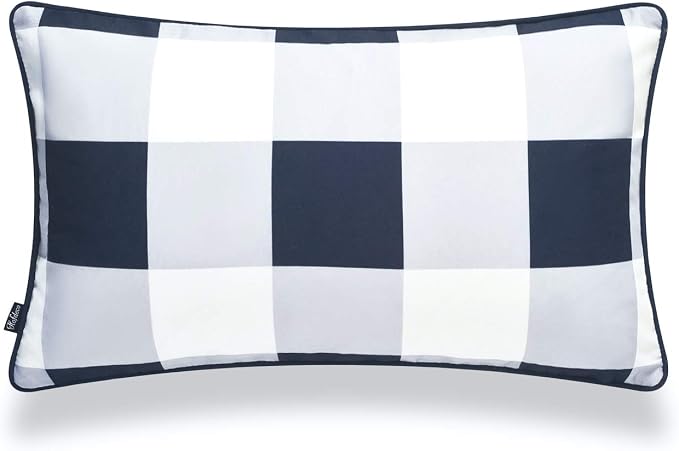Hofdeco Coastal Patio Indoor Outdoor Lumbar Pillow Cover ONLY for Backyard, Couch, Sofa, Navy Blue Buffalo Check, 12"x20"