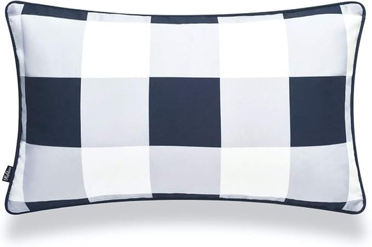 Hofdeco Coastal Patio Indoor Outdoor Lumbar Pillow Cover ONLY for Backyard, Couch, Sofa, Navy Blue Buffalo Check, 12"x20"