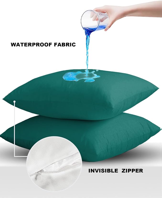 Outdoor Waterproof Throw Pillow Covers Set of 2 Green Pillowcases 24x24 Inches Solid Green Color Patio Decorative Pillows Cushion Case Patio Pillows for Couch Bed Chair Garden