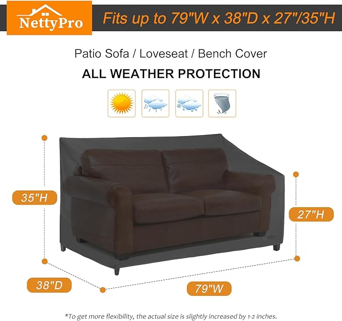NettyPro Patio Furniture Sofa Cover Waterproof Heavy Duty Outdoor Couch Cover 3 Seater, 79" Wx 38" Dx 35" H, Black