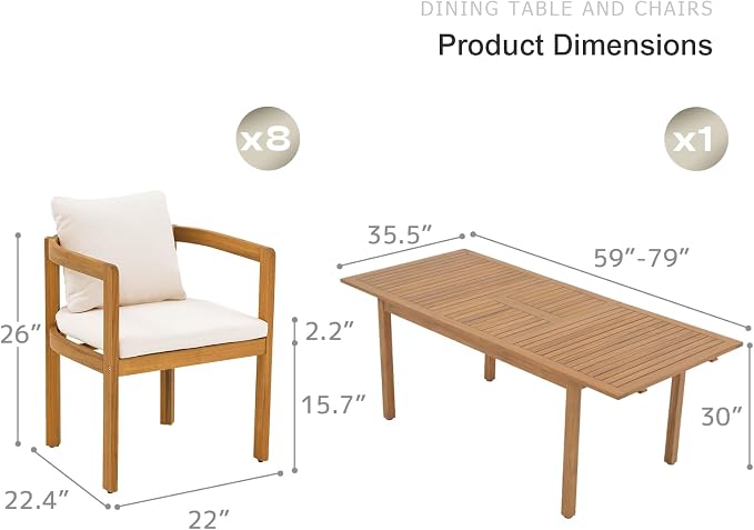 SUNSITT 9-Piece Outdoor Patio Dining Set, 59" - 79" Acacia Wood Expandable Outdoor Table Set and 8 Curved Patio Arm Chairs w/Removable Cushions for Backyard, Porch, Deck