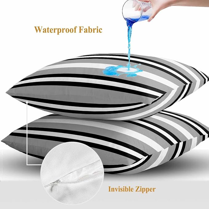 Throw Pillow Covers 26x26 Inch Set of 2, Black Gray Striped Waterproof Outdoor Pillow Covers, Contemporary Minimalist Lines Art Decorative Cushion Pillowcases for Couch, Sofa, Bed, Garden, Patio