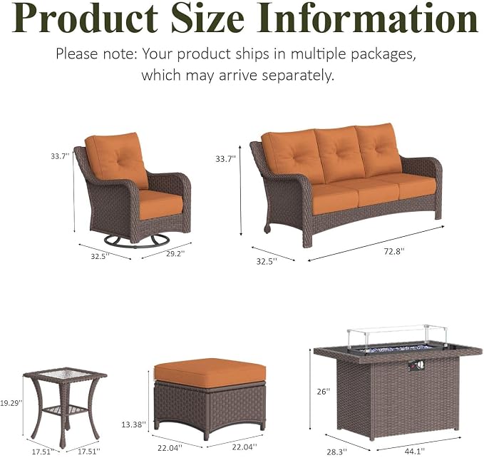 LayinSun 7 Piece Wicker Outdoor Furniture Set with 6-inch Comfy Cushions, High Back Patio Furniture Set with Swivel Rocking Chairs and Fire Pit Table