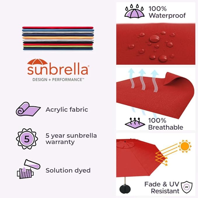 Midtown Umbrellas Push & Pop 8 Ft Patio Umbrellas with Push & Pop Mechanism, 8 Fiberglass Ribs & Sunbrella Fabric – Outdoor Umbrella for Deck, Pool, Cafés and Hotels – Red Canopy, Silver Pole
